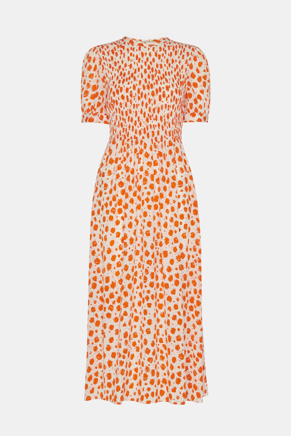 Spot Shirred Midi Dress
